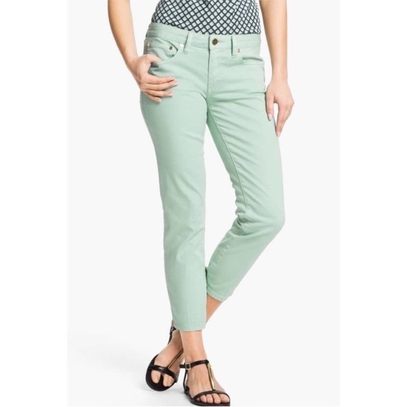 Tory Burch Alexa Cropped Jean Mint Green Goldtone Logo Buttons Size 29 - Picture 1 of 13